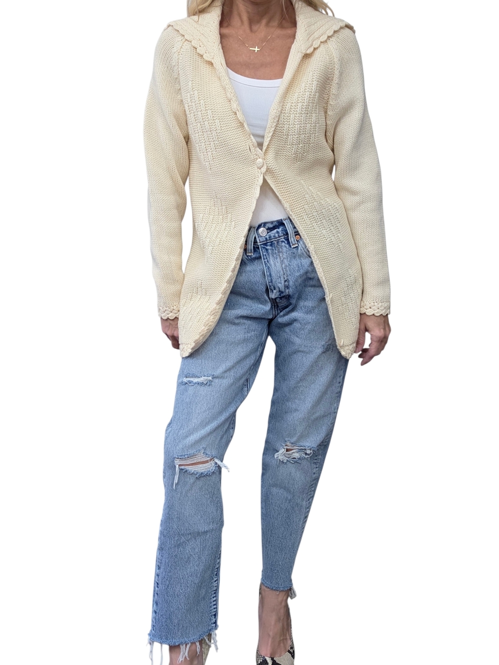 Vintage 60s 70s 100% Wool Scalloped Collar Cardigan Cream Hong Kong